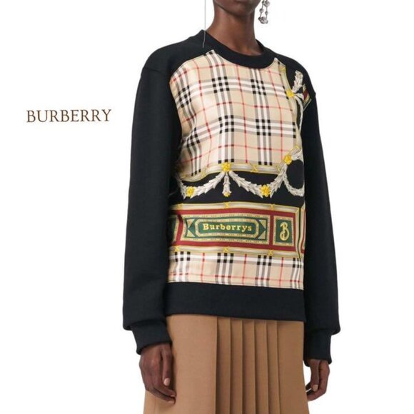 Burberry Archive Scarf Print Women's Black Cotton Silk Jersey Sweatshirt Sweater - Picture 1 of 14